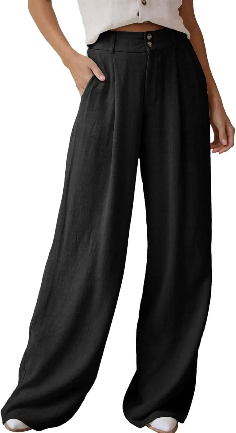 Miyaomn Linen Pants for Women High Waisted Casual Loose Wide Leg Palazzo Pants Summer Travel Beach Dress Trousers with Pocket
