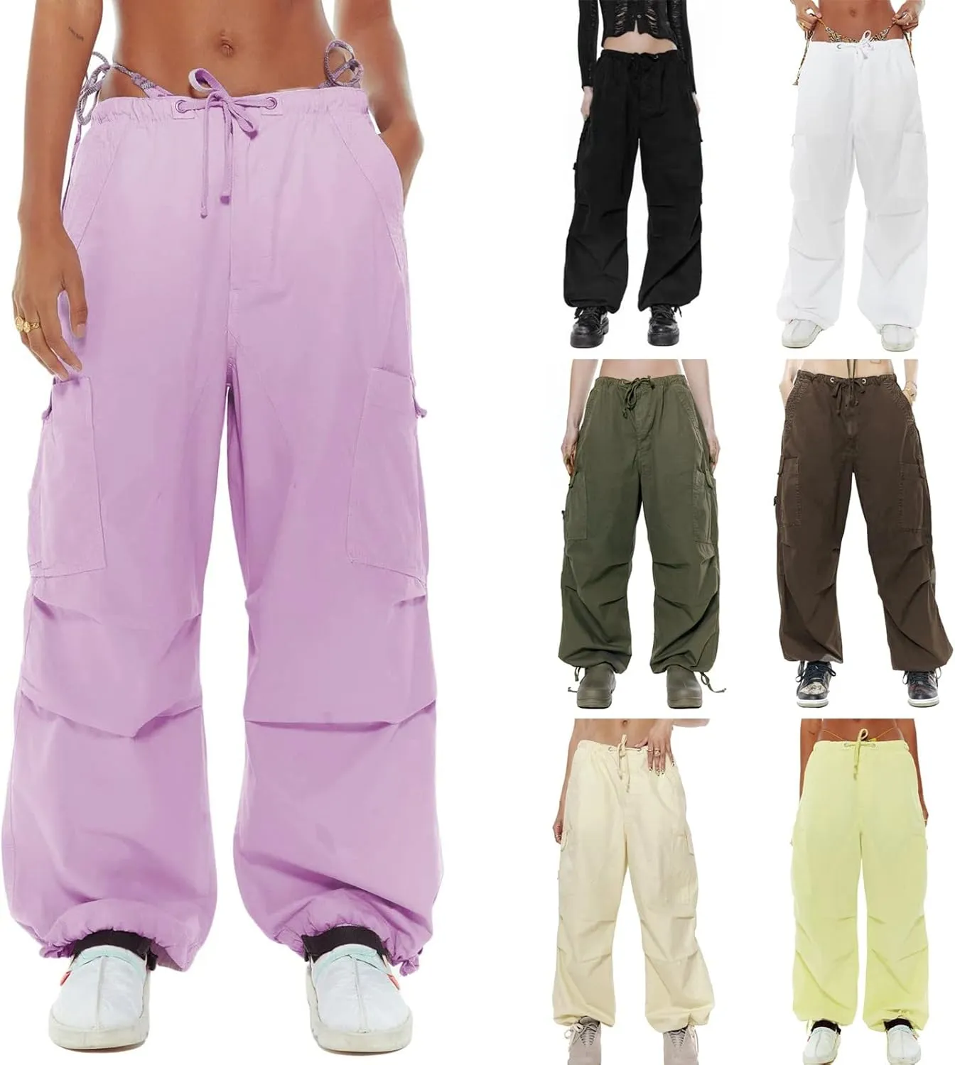 Miyaomn Women's Baggy Low Waist Parachute Cargo Pants Solid Casual Drawstring Adjustable Bottom Joggers Trousers with Pockets