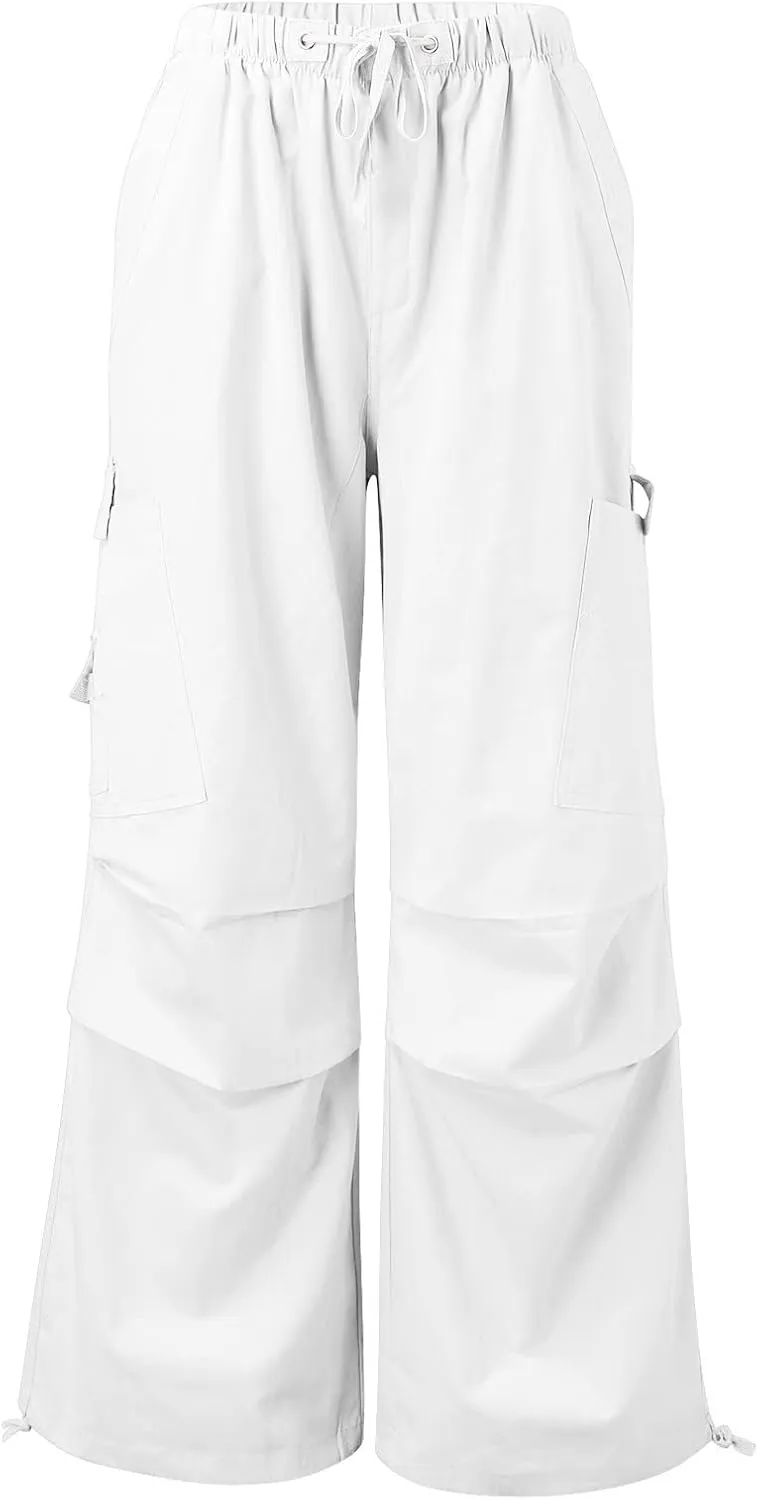 Miyaomn Women's Baggy Low Waist Parachute Cargo Pants Solid Casual Drawstring Adjustable Bottom Joggers Trousers with Pockets