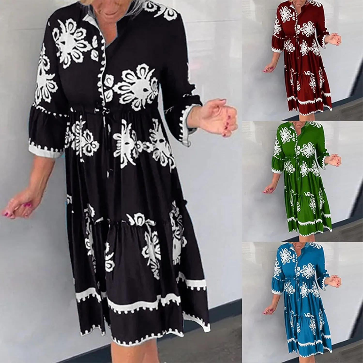 Miyaomn Womens Boho Floral Shirt Dress Tiered Ruffle Tied Waist Flare 3/4 Sleeve Button Down Casual A-Line Flowy Midi Dresses