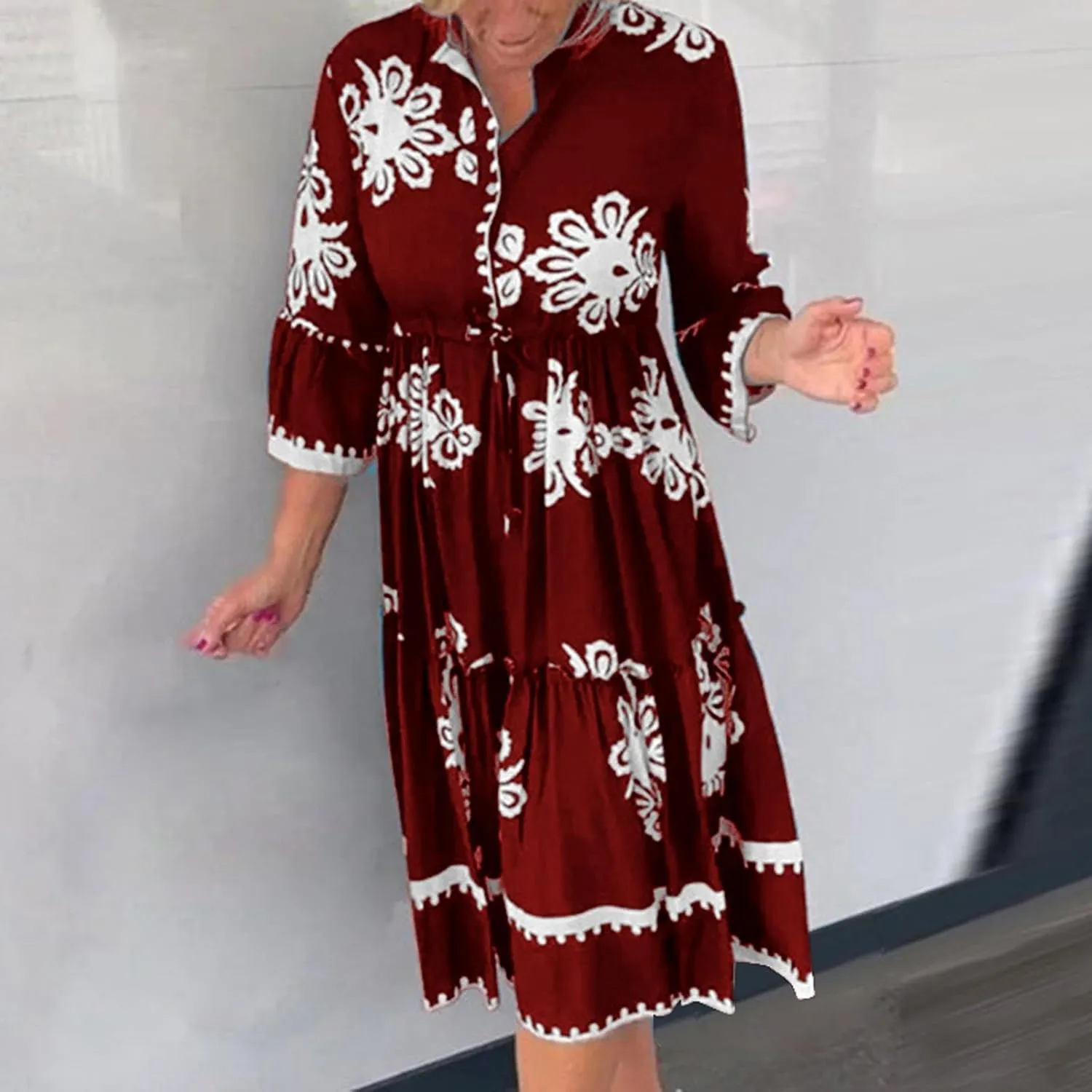 Miyaomn Womens Boho Floral Shirt Dress Tiered Ruffle Tied Waist Flare 3/4 Sleeve Button Down Casual A-Line Flowy Midi Dresses