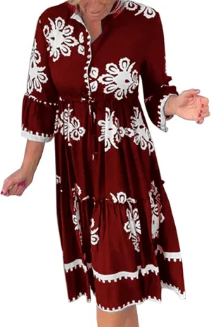 Miyaomn Womens Boho Floral Shirt Dress Tiered Ruffle Tied Waist Flare 3/4 Sleeve Button Down Casual A-Line Flowy Midi Dresses