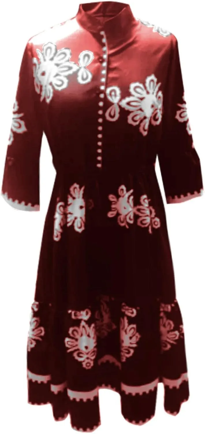 Miyaomn Womens Boho Floral Shirt Dress Tiered Ruffle Tied Waist Flare 3/4 Sleeve Button Down Casual A-Line Flowy Midi Dresses