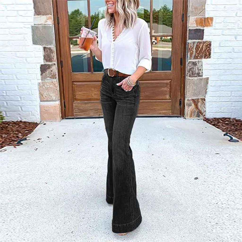 Miyaomn Women's Curvy Stretchy Bootcut Flare Jeans Pants High Waisted Wide Leg Bell Bottom Denim Trousers with Pockets XS-4XL