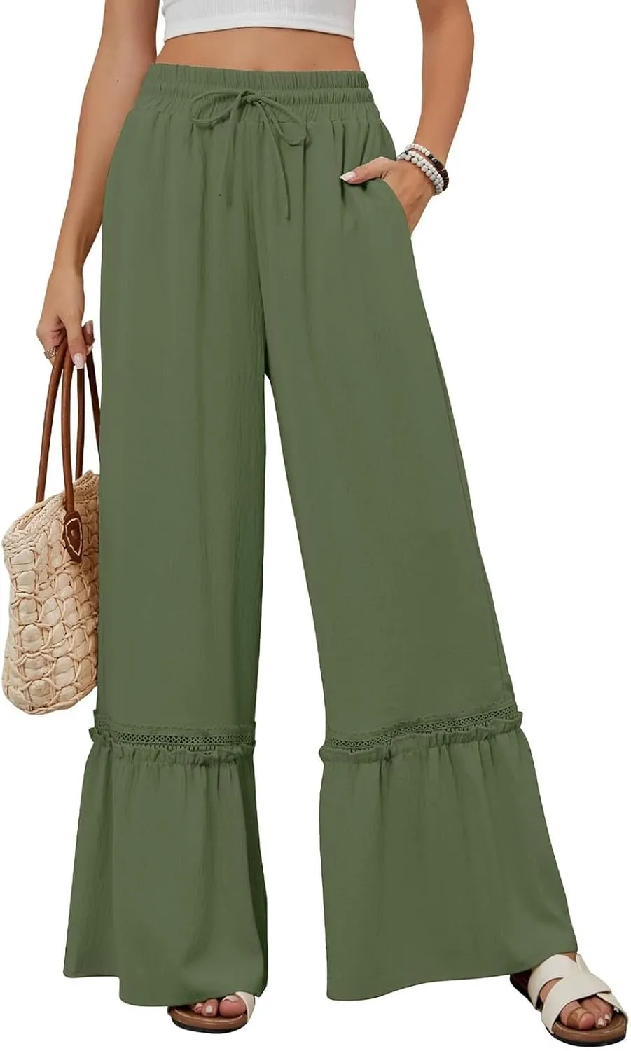 Miyaomn Women's High Waisted Flowy Palazzo Pants Wide Leg Drawstring Beach Trousers Dressy Lace Tiered Ruffled Summer Outfits