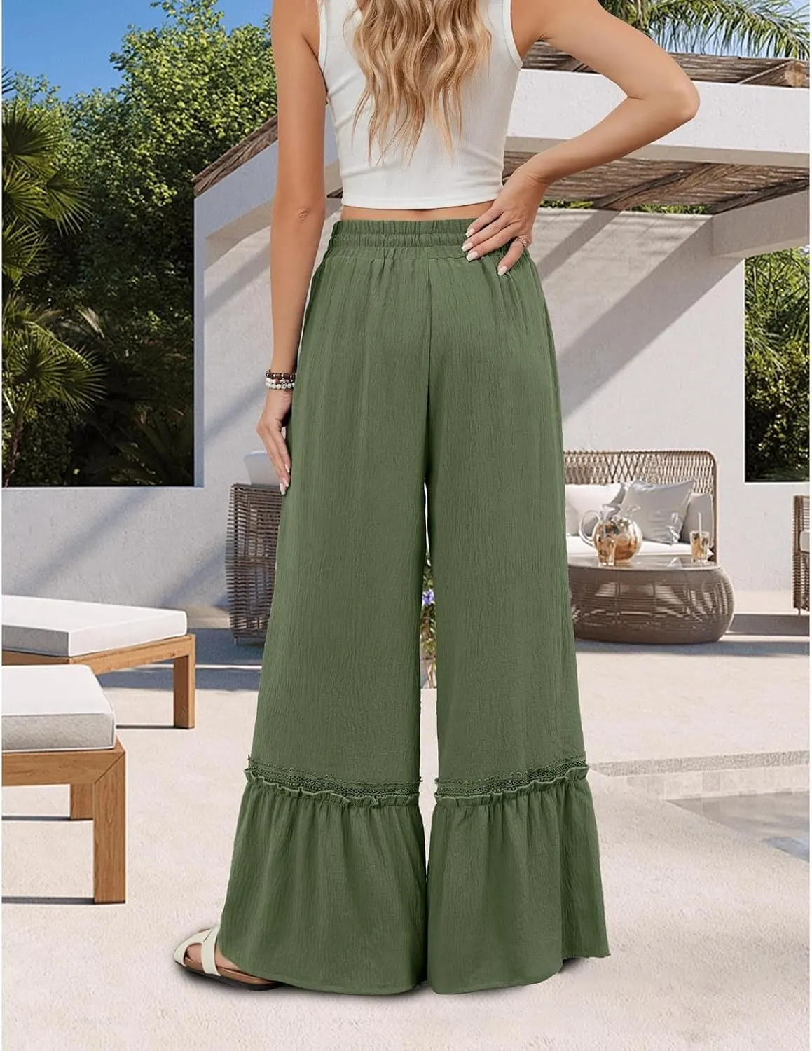 Miyaomn Women's High Waisted Flowy Palazzo Pants Wide Leg Drawstring Beach Trousers Dressy Lace Tiered Ruffled Summer Outfits