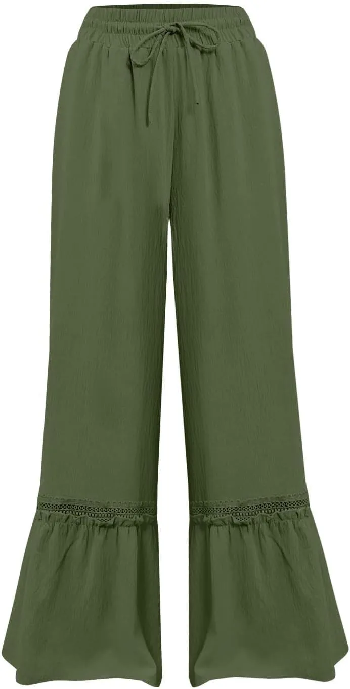 Miyaomn Women's High Waisted Flowy Palazzo Pants Wide Leg Drawstring Beach Trousers Dressy Lace Tiered Ruffled Summer Outfits