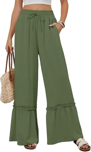 Miyaomn Women's High Waisted Flowy Palazzo Pants Wide Leg Drawstring Beach Trousers Dressy Lace Tiered Ruffled Summer Outfits