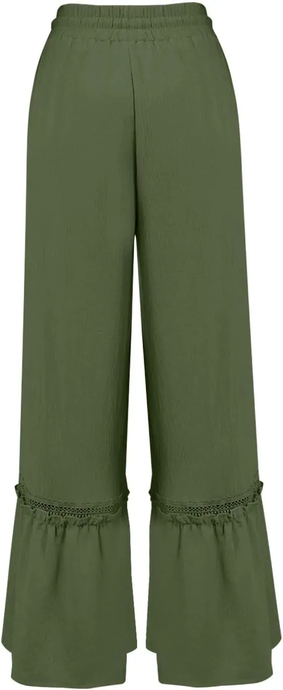 Miyaomn Women's High Waisted Flowy Palazzo Pants Wide Leg Drawstring Beach Trousers Dressy Lace Tiered Ruffled Summer Outfits
