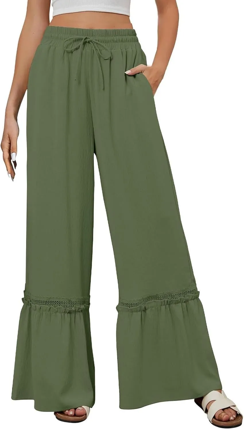Miyaomn Women's High Waisted Flowy Palazzo Pants Wide Leg Drawstring Beach Trousers Dressy Lace Tiered Ruffled Summer Outfits