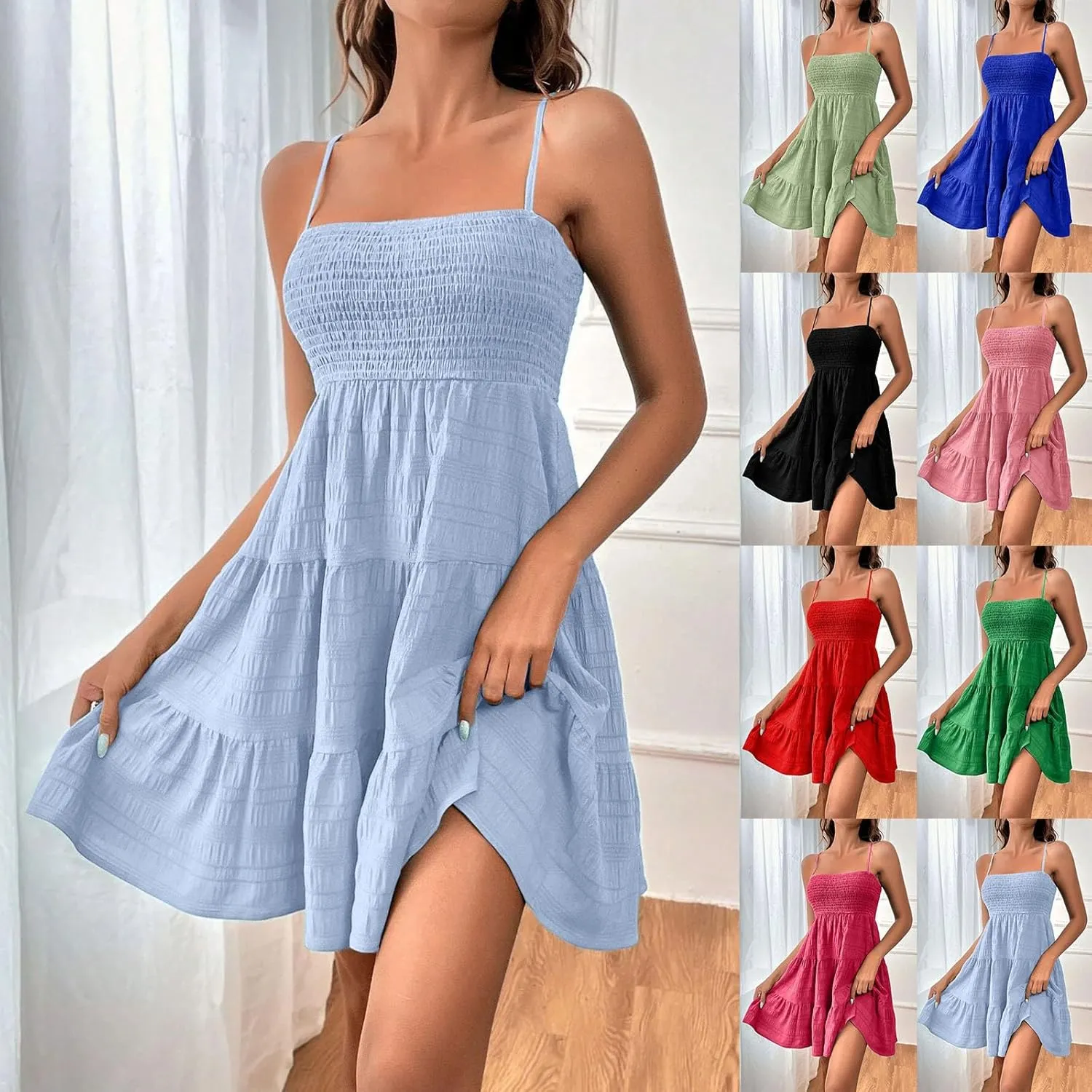 Miyaomn Women's Ruffle Spaghetti Strap Mini Dress Casual Solid A-Line Square Neck Sleeveless Smocked Tiered Flowy Sundresses