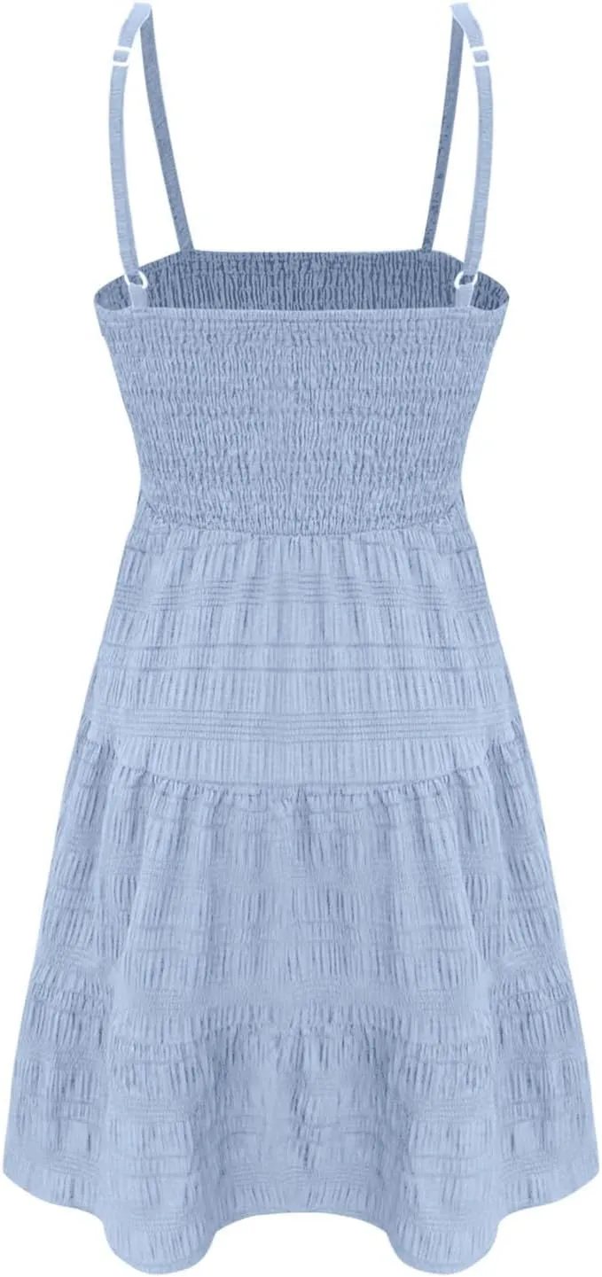 Miyaomn Women's Ruffle Spaghetti Strap Mini Dress Casual Solid A-Line Square Neck Sleeveless Smocked Tiered Flowy Sundresses