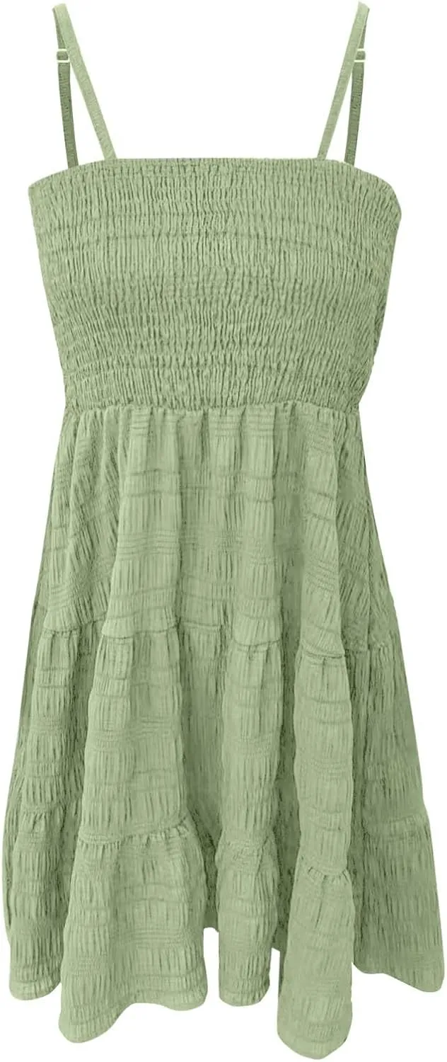 Miyaomn Women's Ruffle Spaghetti Strap Mini Dress Casual Solid A-Line Square Neck Sleeveless Smocked Tiered Flowy Sundresses