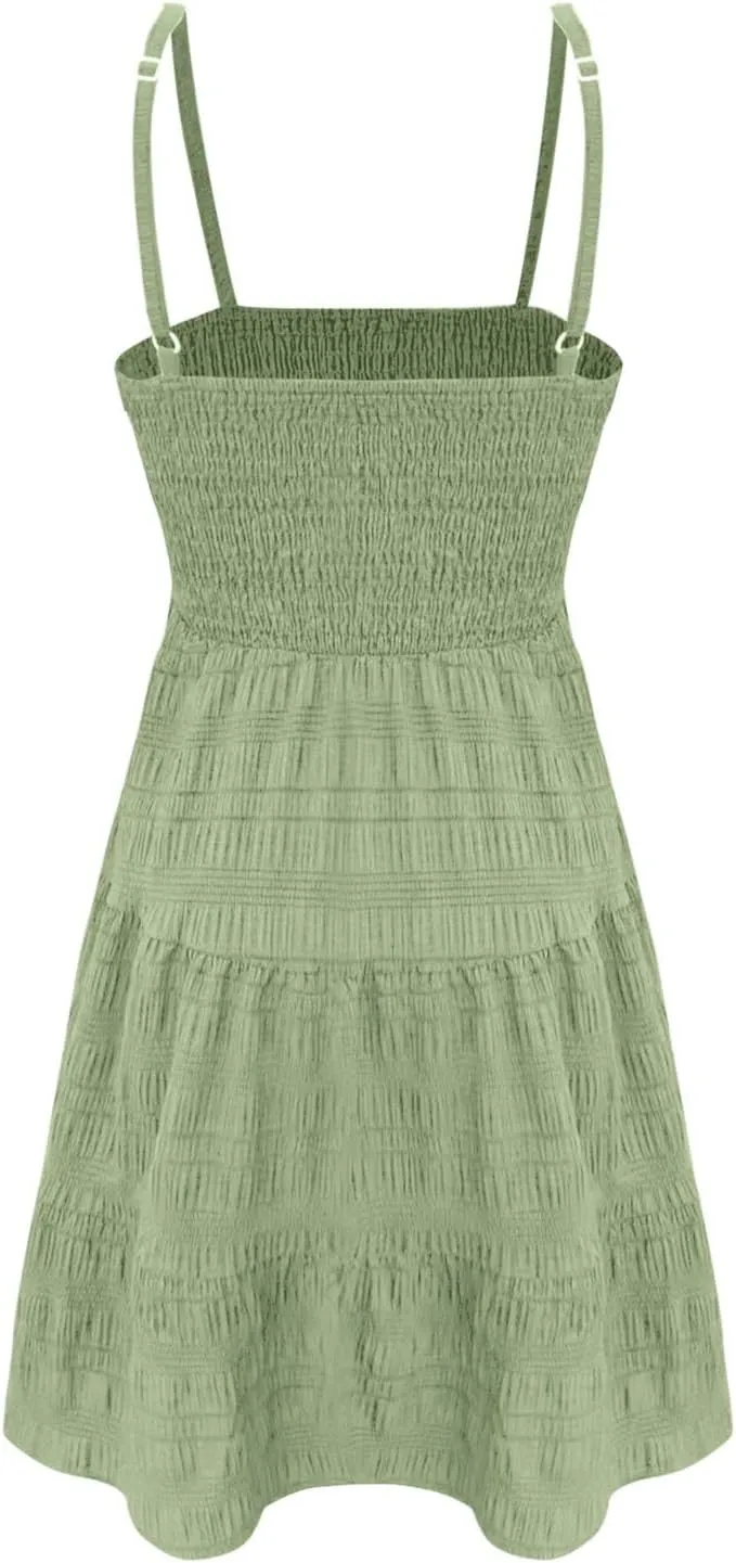 Miyaomn Women's Ruffle Spaghetti Strap Mini Dress Casual Solid A-Line Square Neck Sleeveless Smocked Tiered Flowy Sundresses