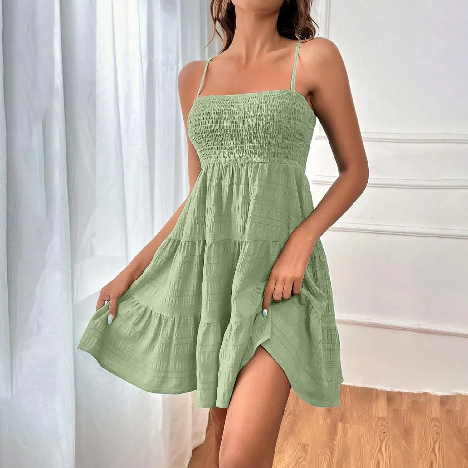 Miyaomn Women's Ruffle Spaghetti Strap Mini Dress Casual Solid A-Line Square Neck Sleeveless Smocked Tiered Flowy Sundresses
