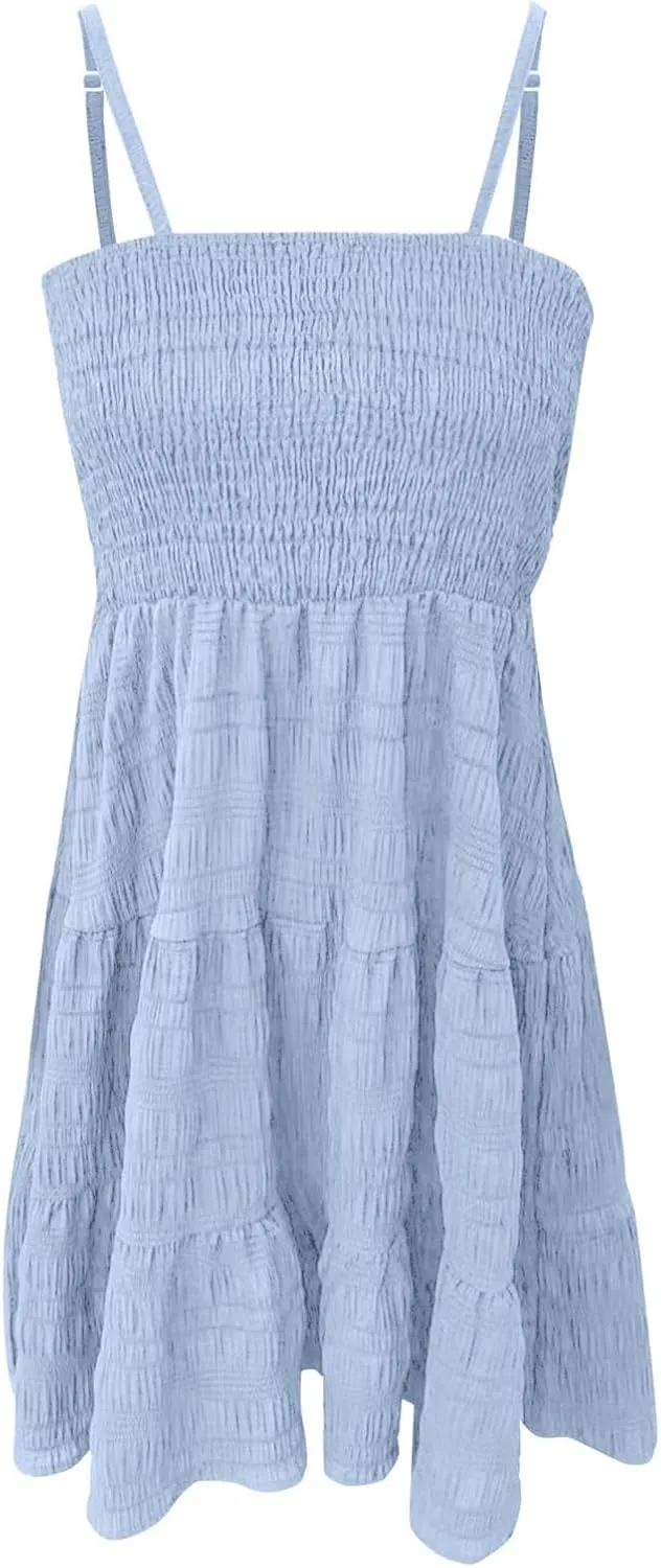 Miyaomn Women's Ruffle Spaghetti Strap Mini Dress Casual Solid A-Line Square Neck Sleeveless Smocked Tiered Flowy Sundresses