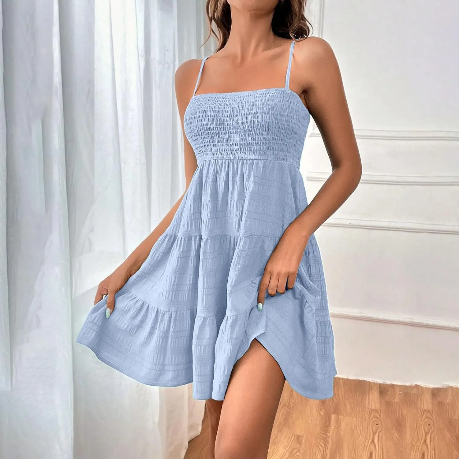 Miyaomn Women's Ruffle Spaghetti Strap Mini Dress Casual Solid A-Line Square Neck Sleeveless Smocked Tiered Flowy Sundresses