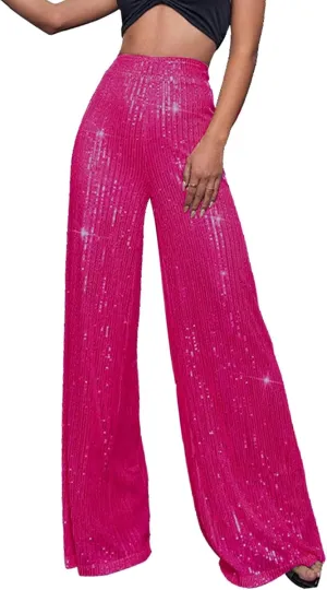 Miyaomn Women's Sparkle Sequin Palazzo Pants Wide Leg High Waisted Bling Glitter Pants Fashion Party Dance Nightclub Trousers