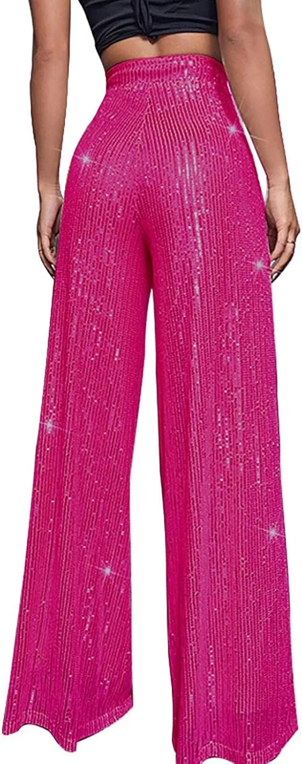 Miyaomn Women's Sparkle Sequin Palazzo Pants Wide Leg High Waisted Bling Glitter Pants Fashion Party Dance Nightclub Trousers