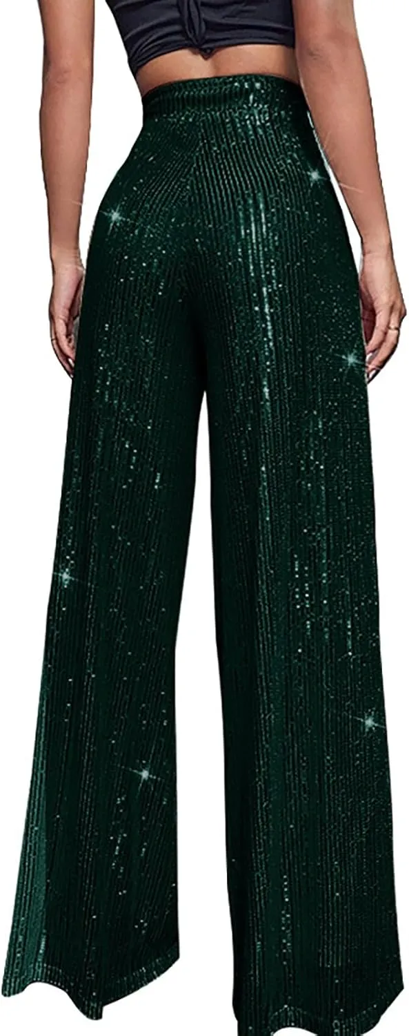 Miyaomn Women's Sparkle Sequin Palazzo Pants Wide Leg High Waisted Bling Glitter Pants Fashion Party Dance Nightclub Trousers