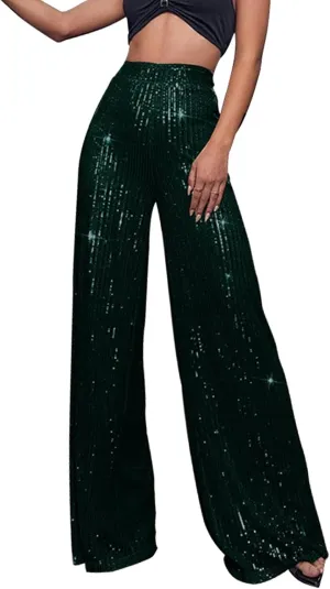 Miyaomn Women's Sparkle Sequin Palazzo Pants Wide Leg High Waisted Bling Glitter Pants Fashion Party Dance Nightclub Trousers
