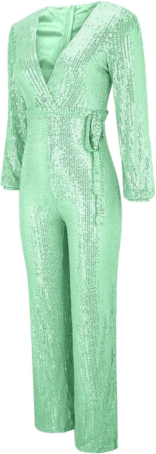Miyaomn Women's Sparkly Sequin Jumpsuits Sexy V-Neck Long Sleeve High Waisted Wide Leg Pants with Belt Rompers Party Clubwear