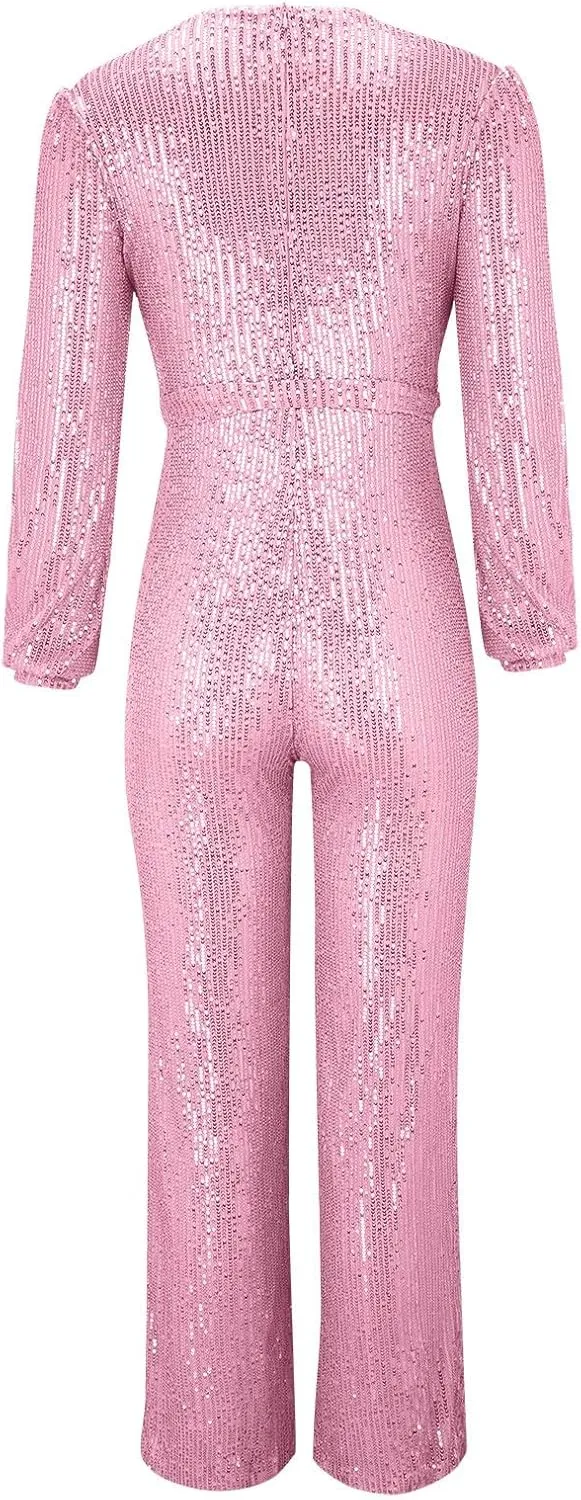 Miyaomn Women's Sparkly Sequin Jumpsuits Sexy V-Neck Long Sleeve High Waisted Wide Leg Pants with Belt Rompers Party Clubwear