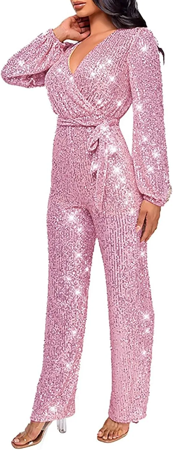 Miyaomn Women's Sparkly Sequin Jumpsuits Sexy V-Neck Long Sleeve High Waisted Wide Leg Pants with Belt Rompers Party Clubwear