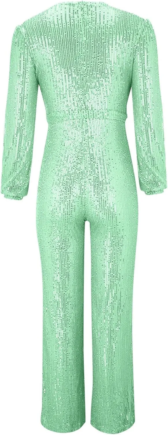 Miyaomn Women's Sparkly Sequin Jumpsuits Sexy V-Neck Long Sleeve High Waisted Wide Leg Pants with Belt Rompers Party Clubwear