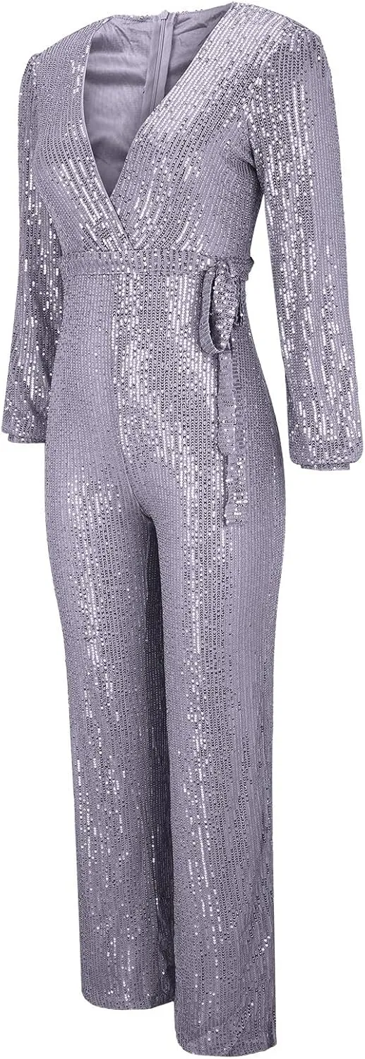 Miyaomn Women's Sparkly Sequin Jumpsuits Sexy V-Neck Long Sleeve High Waisted Wide Leg Pants with Belt Rompers Party Clubwear