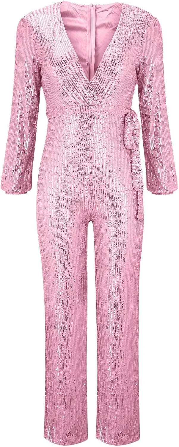 Miyaomn Women's Sparkly Sequin Jumpsuits Sexy V-Neck Long Sleeve High Waisted Wide Leg Pants with Belt Rompers Party Clubwear