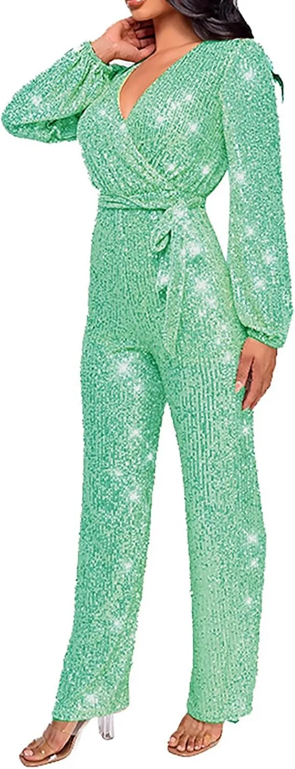 Miyaomn Women's Sparkly Sequin Jumpsuits Sexy V-Neck Long Sleeve High Waisted Wide Leg Pants with Belt Rompers Party Clubwear