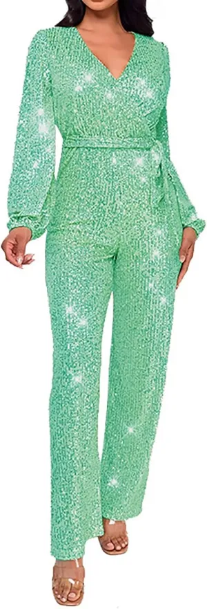 Miyaomn Women's Sparkly Sequin Jumpsuits Sexy V-Neck Long Sleeve High Waisted Wide Leg Pants with Belt Rompers Party Clubwear