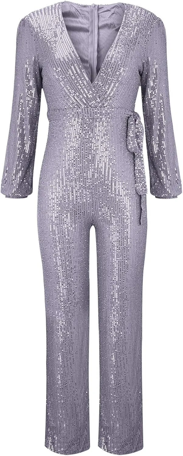 Miyaomn Women's Sparkly Sequin Jumpsuits Sexy V-Neck Long Sleeve High Waisted Wide Leg Pants with Belt Rompers Party Clubwear