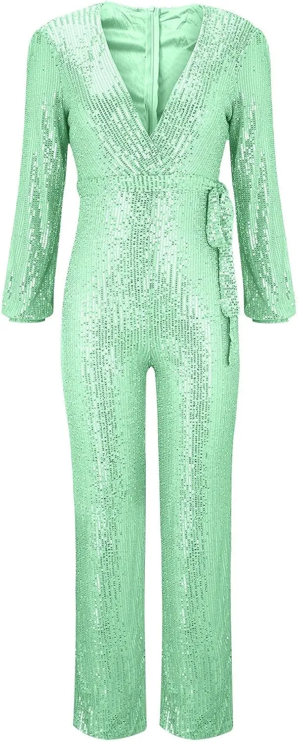 Miyaomn Women's Sparkly Sequin Jumpsuits Sexy V-Neck Long Sleeve High Waisted Wide Leg Pants with Belt Rompers Party Clubwear