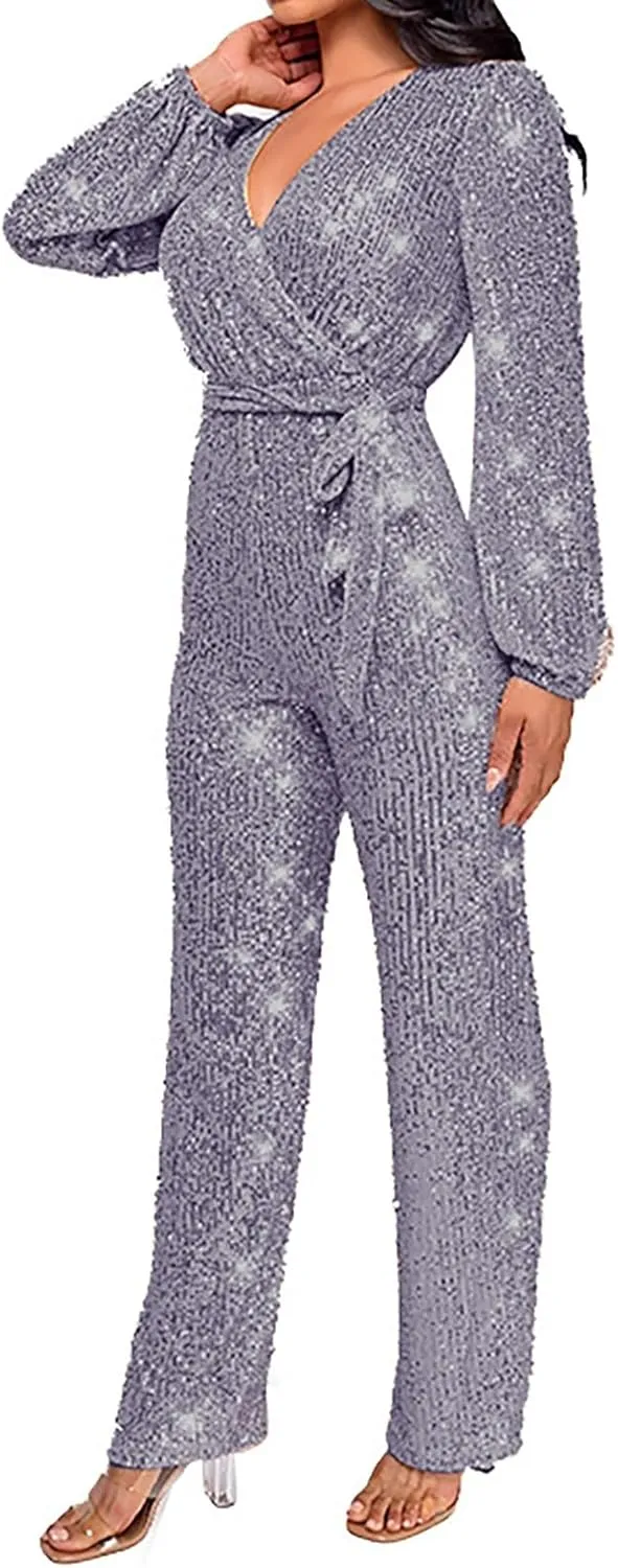 Miyaomn Women's Sparkly Sequin Jumpsuits Sexy V-Neck Long Sleeve High Waisted Wide Leg Pants with Belt Rompers Party Clubwear