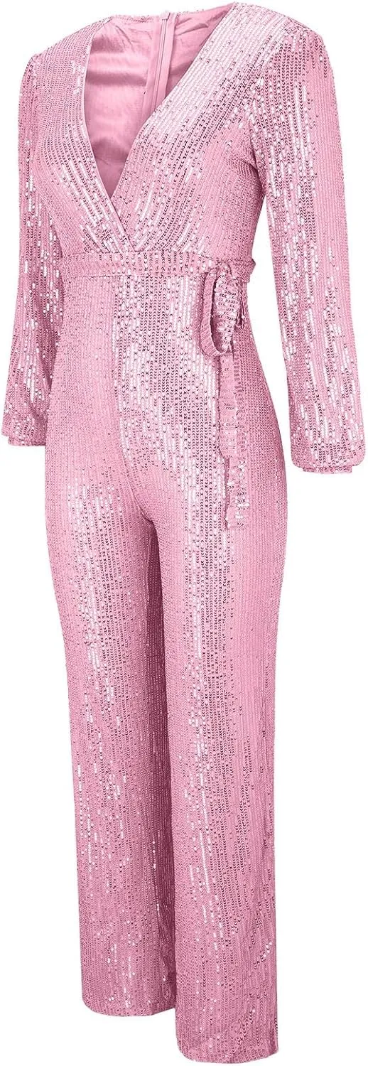 Miyaomn Women's Sparkly Sequin Jumpsuits Sexy V-Neck Long Sleeve High Waisted Wide Leg Pants with Belt Rompers Party Clubwear