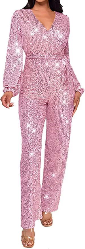 Miyaomn Women's Sparkly Sequin Jumpsuits Sexy V-Neck Long Sleeve High Waisted Wide Leg Pants with Belt Rompers Party Clubwear