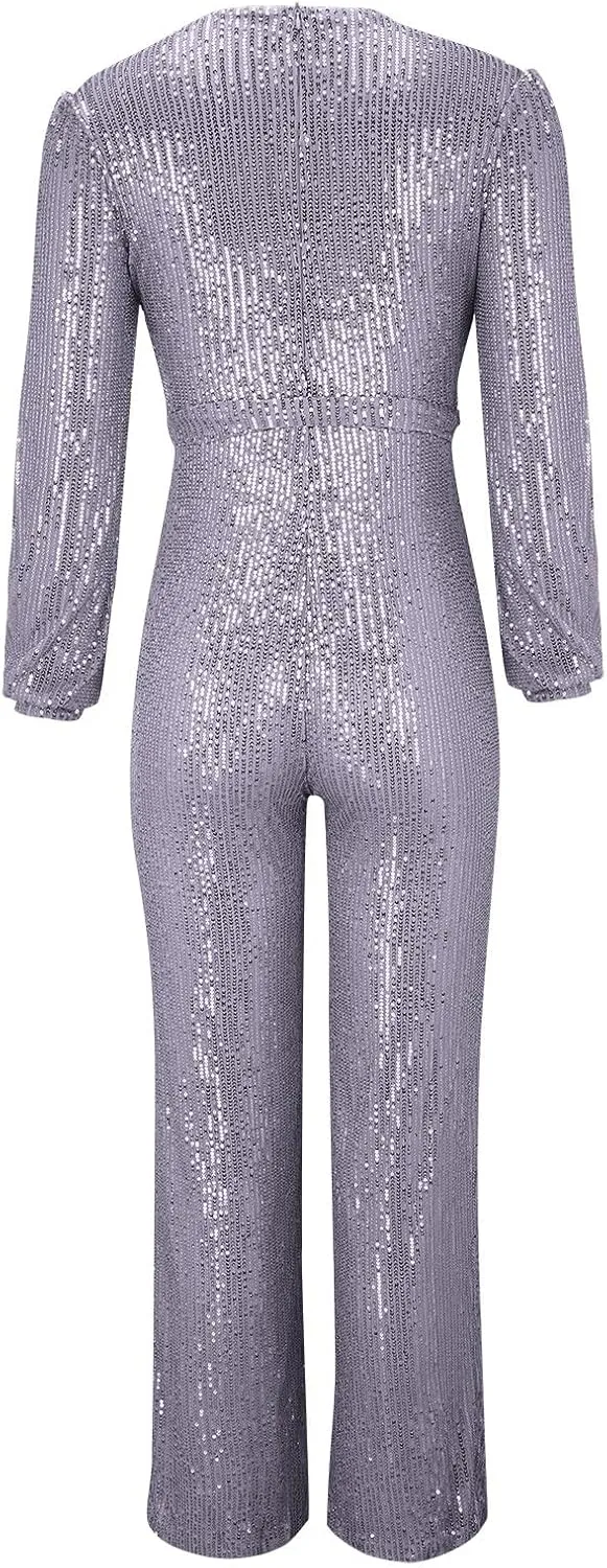 Miyaomn Women's Sparkly Sequin Jumpsuits Sexy V-Neck Long Sleeve High Waisted Wide Leg Pants with Belt Rompers Party Clubwear