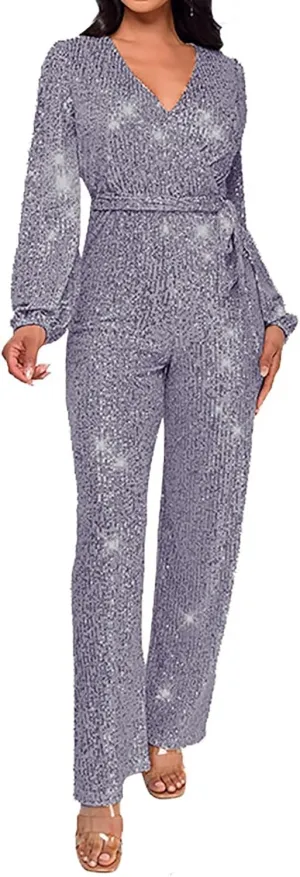 Miyaomn Women's Sparkly Sequin Jumpsuits Sexy V-Neck Long Sleeve High Waisted Wide Leg Pants with Belt Rompers Party Clubwear