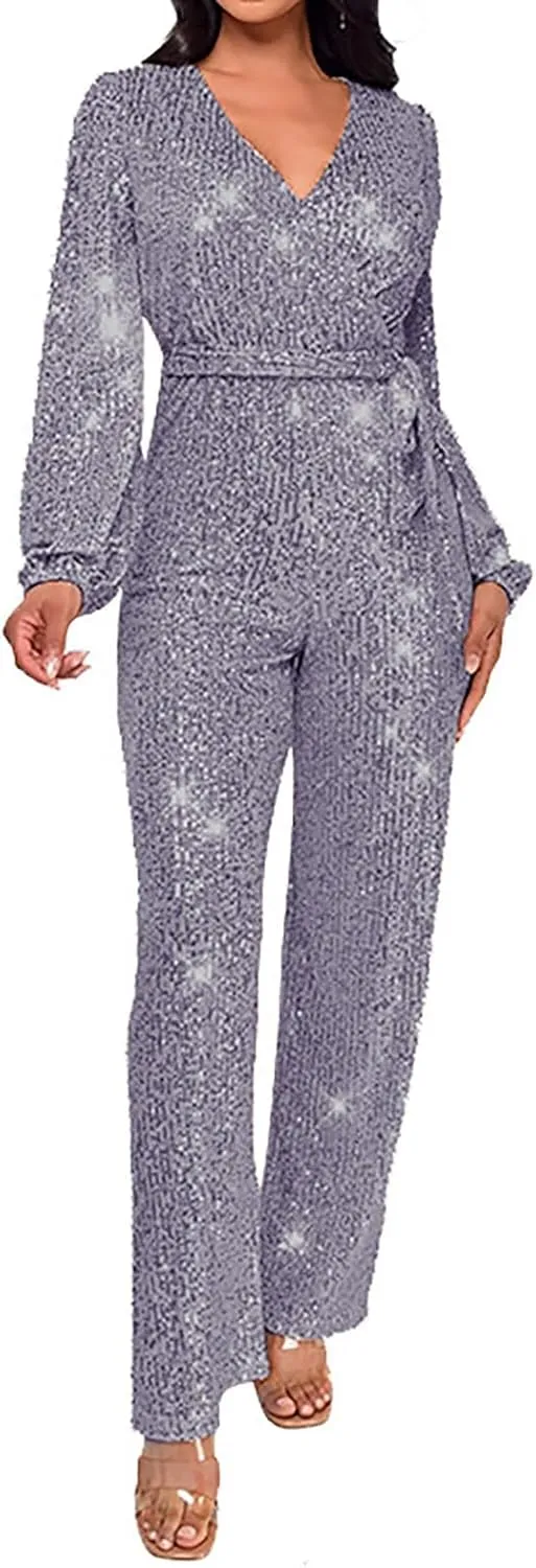 Miyaomn Women's Sparkly Sequin Jumpsuits Sexy V-Neck Long Sleeve High Waisted Wide Leg Pants with Belt Rompers Party Clubwear
