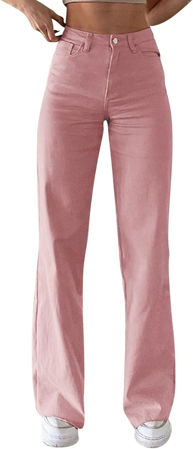 Miyaomn Women's Trendy Wide Leg Jeans Stretchy High Waisted Slim Fit Straight Leg Denim Pants Cotton Work Jeans with Pockets