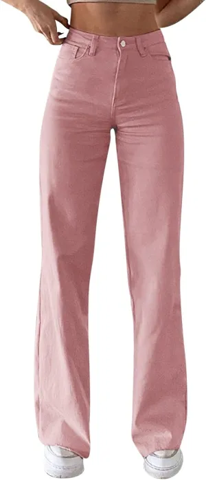 Miyaomn Women's Trendy Wide Leg Jeans Stretchy High Waisted Slim Fit Straight Leg Denim Pants Cotton Work Jeans with Pockets
