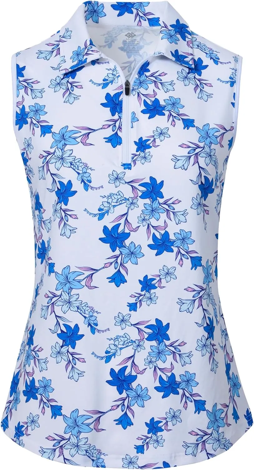 MoFiz Women's Sleeveless Golf Polo Shirts 1/4 Zip Floral Tennis Workout Golf Tank Top