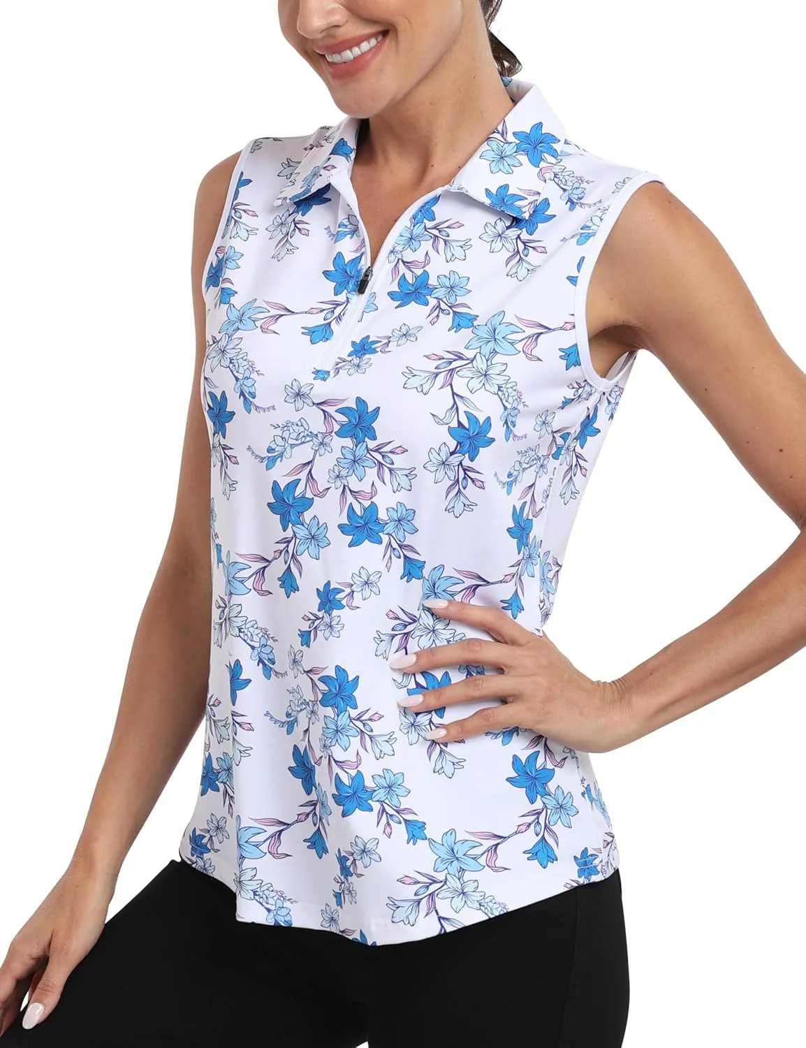 MoFiz Women's Sleeveless Golf Polo Shirts 1/4 Zip Floral Tennis Workout Golf Tank Top