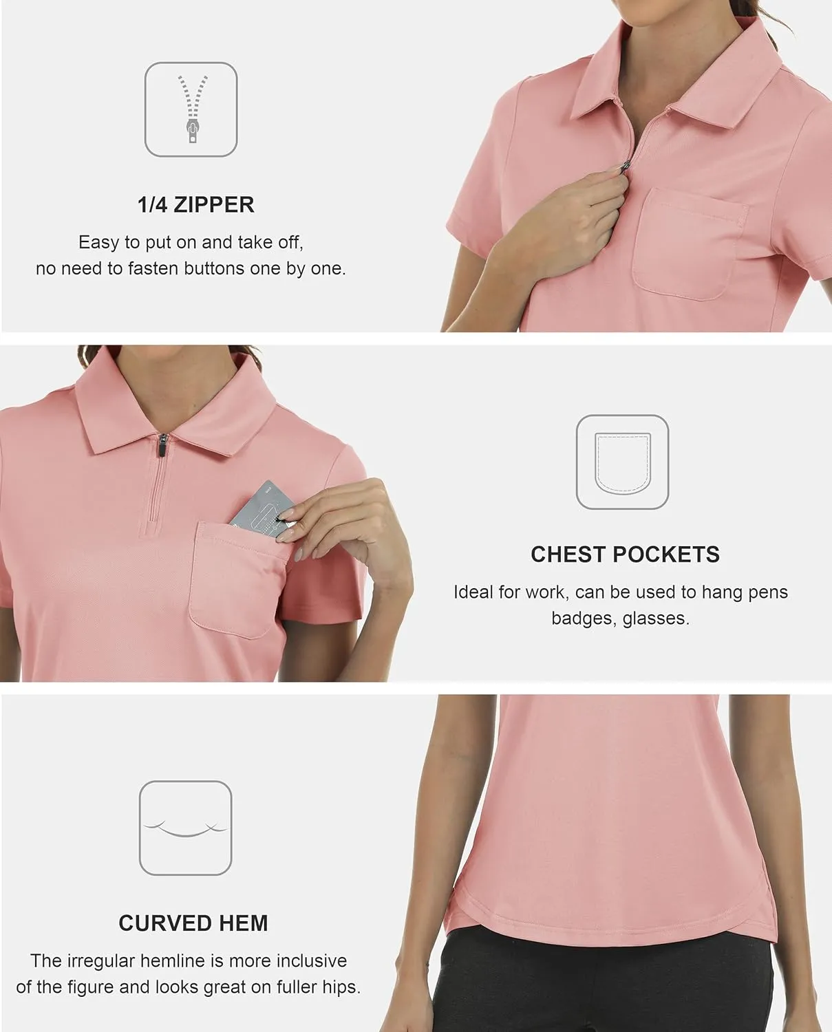 MoFiz Womens Zip up Golf Polo Shirt Short Sleeve Workout Golf Top Moisture Wicking Lightweight Tennis Shirts