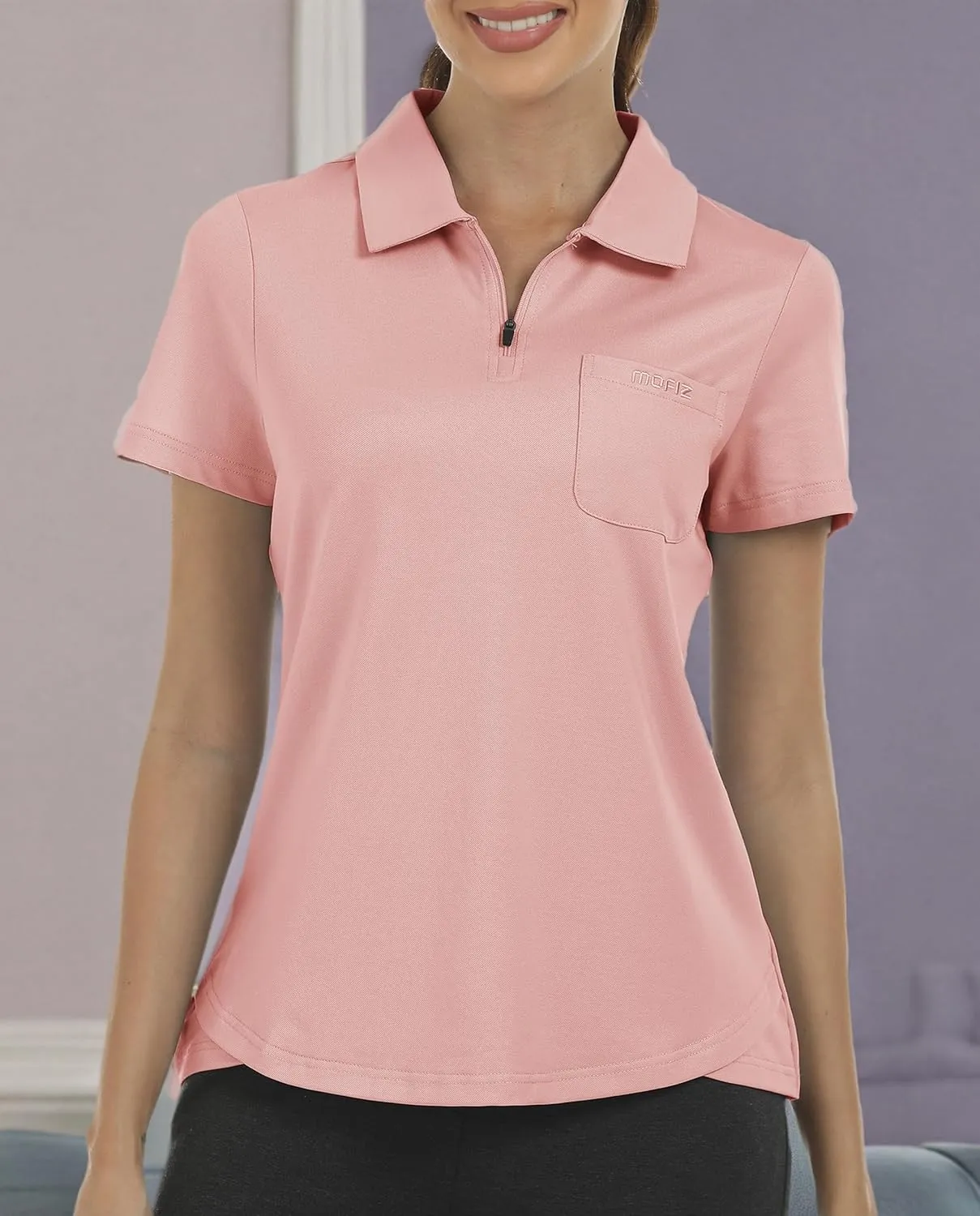 MoFiz Womens Zip up Golf Polo Shirt Short Sleeve Workout Golf Top Moisture Wicking Lightweight Tennis Shirts