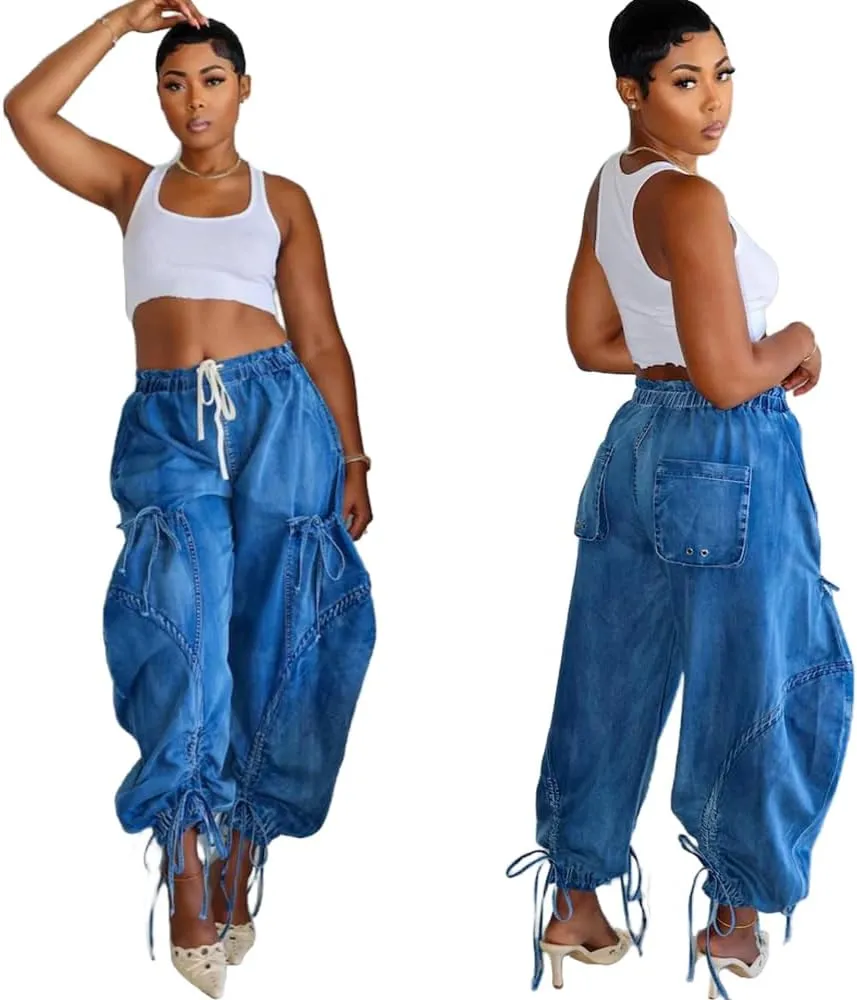 Molilove Womens Stretchy Denim Pants Baggy High Waist Drawstring Trousers Y2K Cargo Pants with Pocket Trendy Harem Pants