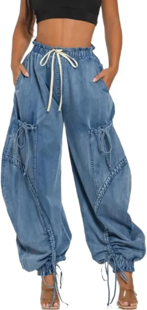 Molilove Womens Stretchy Denim Pants Baggy High Waist Drawstring Trousers Y2K Cargo Pants with Pocket Trendy Harem Pants