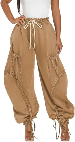 Molilove Womens Stretchy Denim Pants Baggy High Waist Drawstring Trousers Y2K Cargo Pants with Pocket Trendy Harem Pants